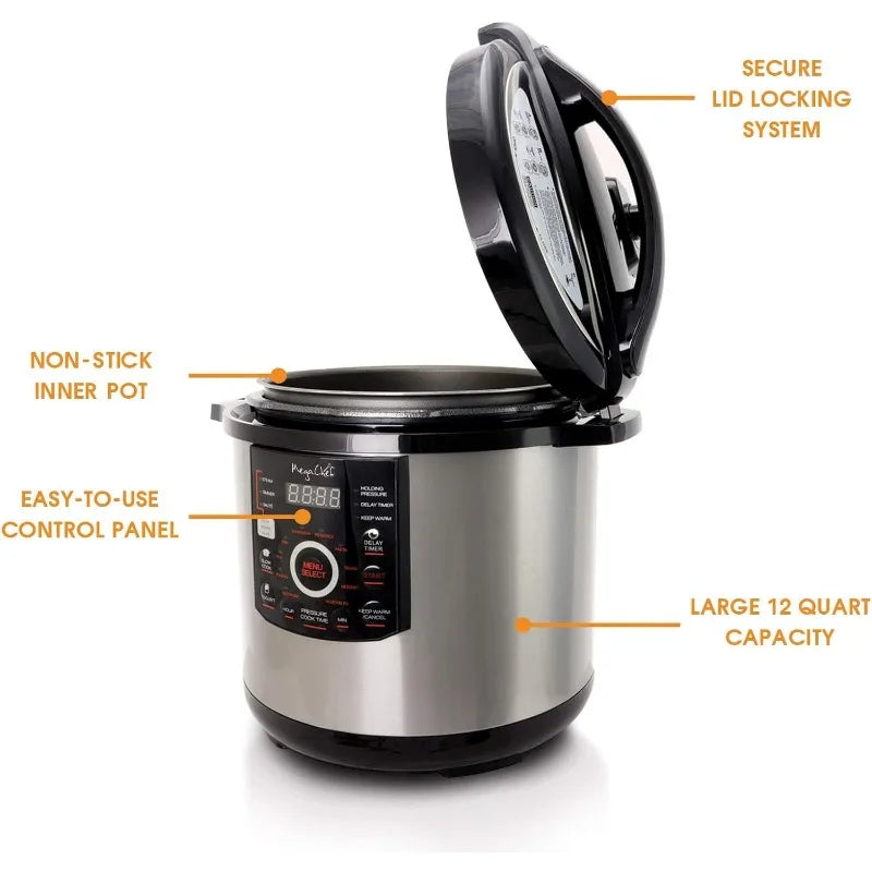 MegaChef 12 Quart Digital Pressure Cooker with 15 Preset Options and Glass Lid, Silver