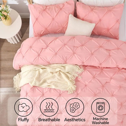 Pink Comforter Set Queen 3 Pieces Boho Pintuck Bedding Comforter Sets, Lightweight Soft amp Warm Bed Comforter Queen with 2 Pill