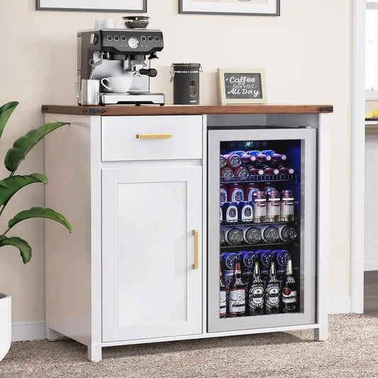 Coee Bar with Mini ridge Space, Mini ridge Cabinet Stand，Liquor Wine Cabinet or Dorm, Kitchen or Oice, 39.4" W X 20.9" D Tableto