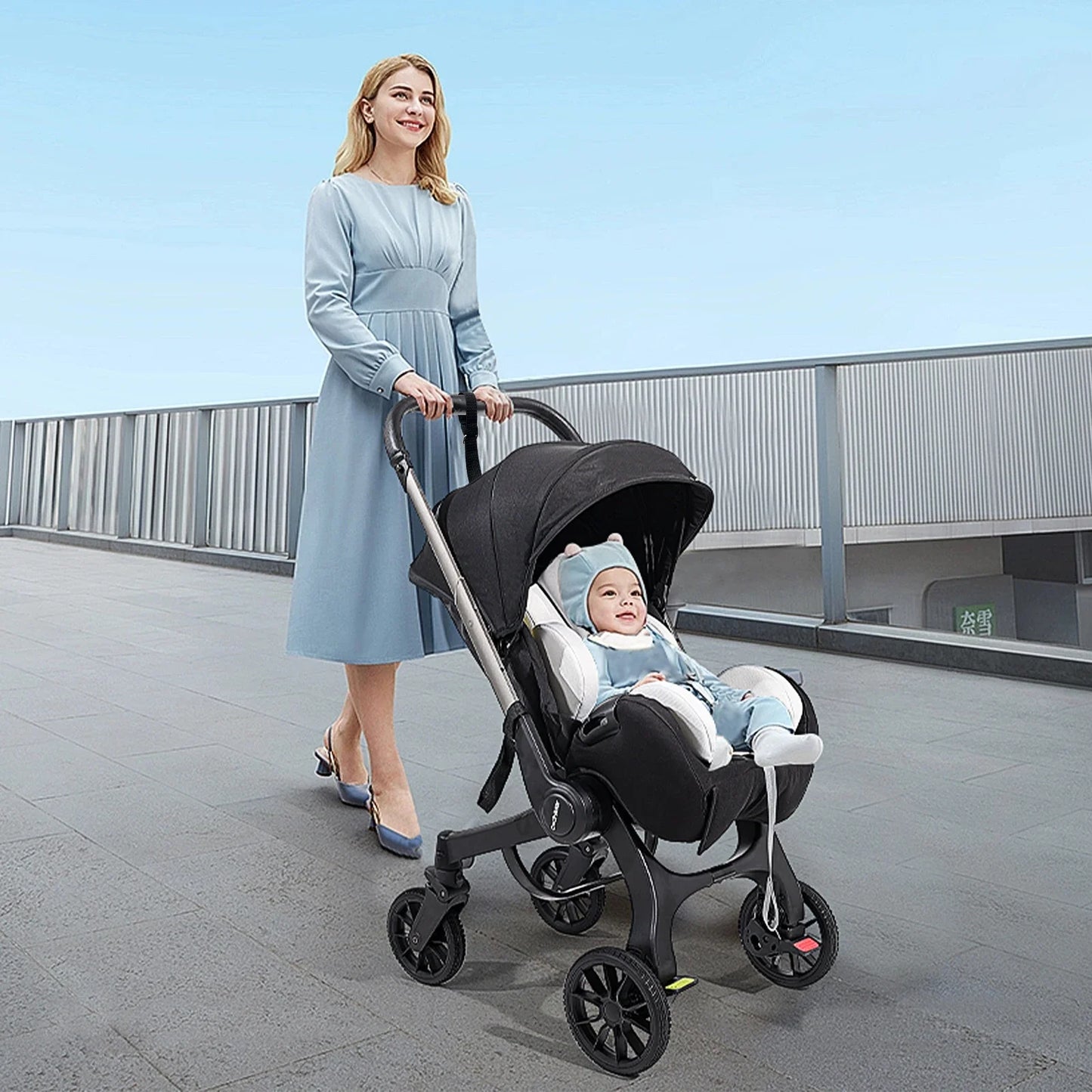 Portable baby strolle, foldable travel cart, adjustable handle for two-way push, adjustable backrest, with sunshade