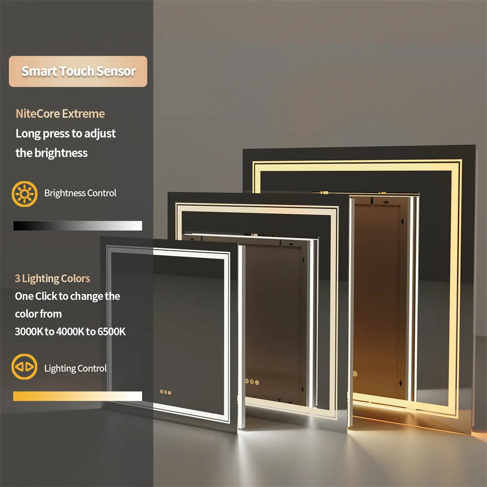 LUVODI Dimmable LED Bathroom Wall Mirror Square Illuminated Makeup Mirror with Defog Feature for Vanity