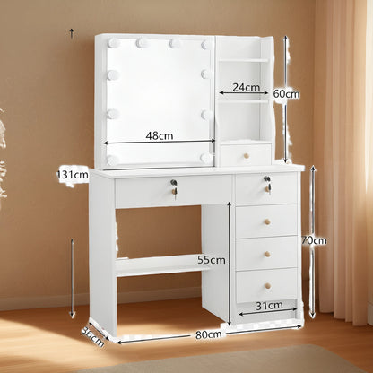 White LED Dressing Makeup Table Bedroom Vanity Set with LED Mirror Stool Drawers