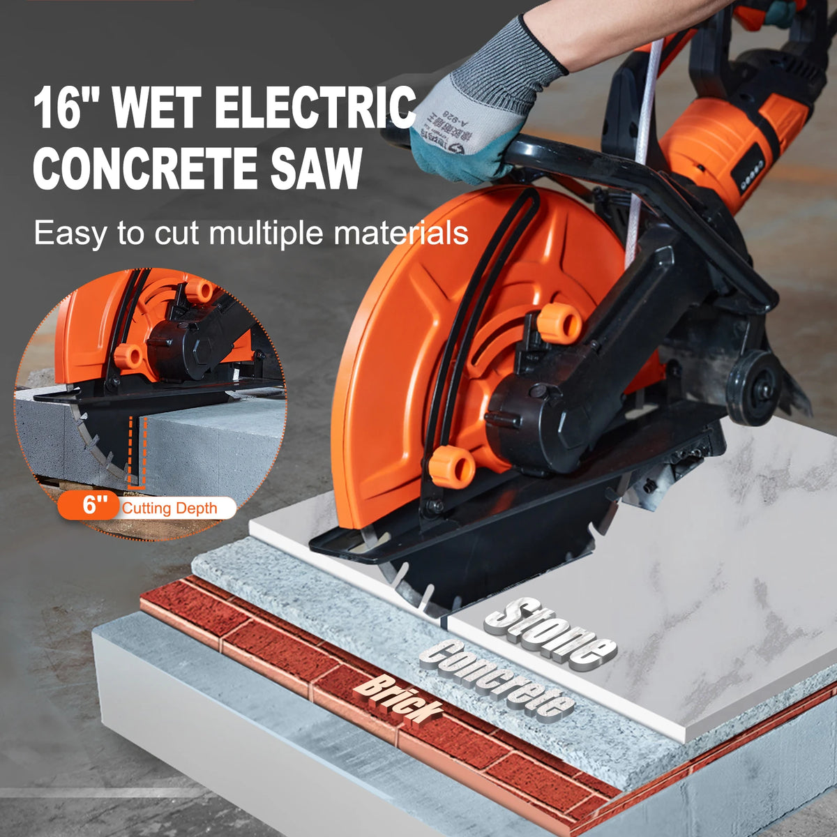 SucceBuy Electric Concrete Saw 16 in 3200 W Motor Circular Cutter with Max. 6 in Adjustable Cutting Depth Pump Blade for Brick