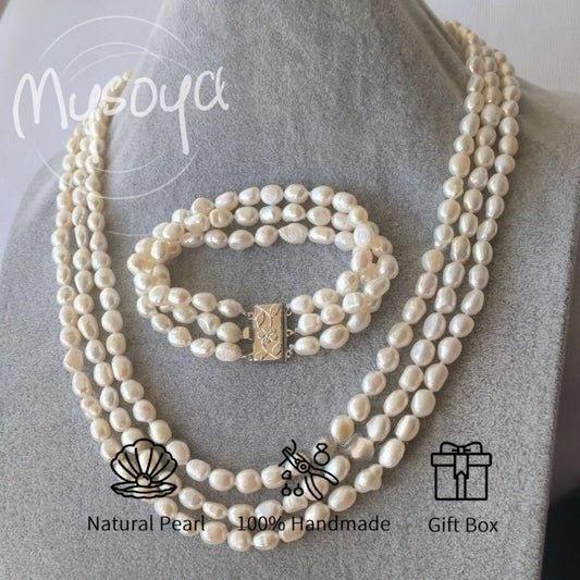 MYSOYA Three-layer White Baroque Freshwater Pearl Necklace Bracelet Set 6-7mm With Gift Box For Her/ Him For Birthday Weddings