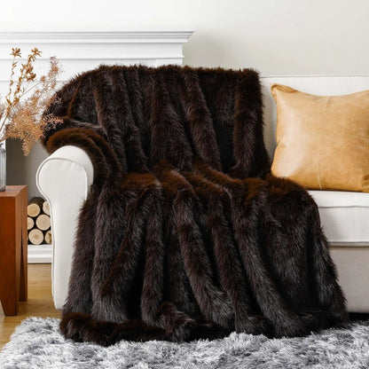 Luxury Brown Faux Fur Throw Blanket, Large Soft Warm Cozy Fuzzy Fluffy for Bed Home Decor King Size 60x80