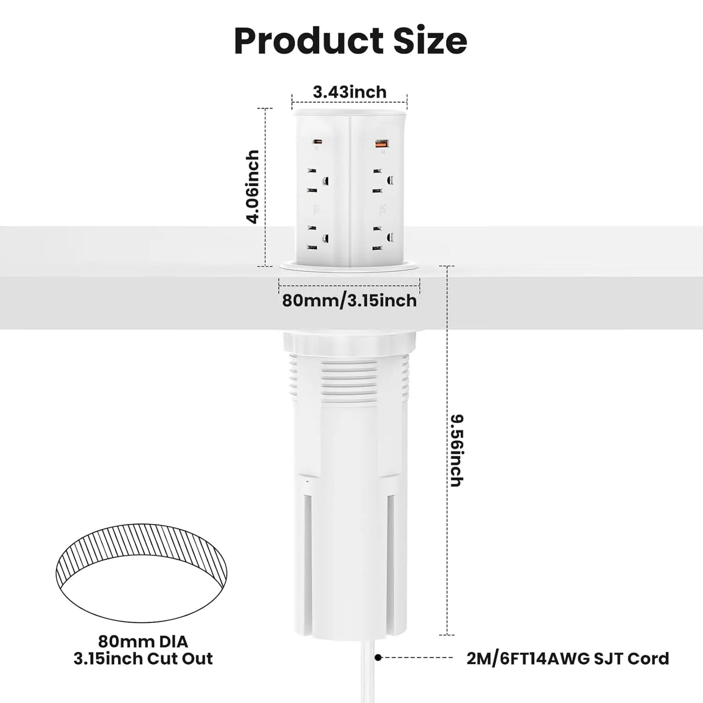 Pop-Up Countertop Outlet with 15W Wireless Charger, 4 USB Ports, 8 AC Sockets, Space-Saving Design for Kitchen & Office