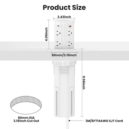 Pop-Up Countertop Outlet with 15W Wireless Charger, 4 USB Ports, 8 AC Sockets, Space-Saving Design for Kitchen & Office