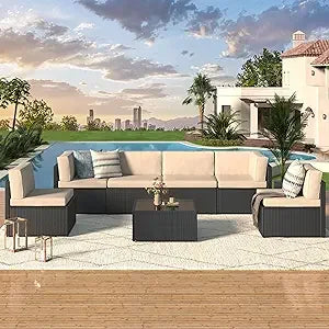 U-MAX 7 Piece Outdoor Patio Furniture Set, PE Rattan Outdoor Wicker Sectional Furniture Chair Set with Cushions and Tea Table, B