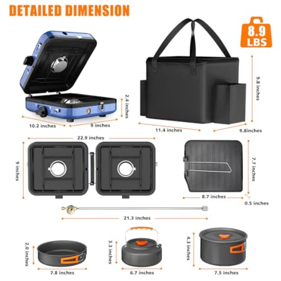 2 Burner Propane Camping Stove with 20000 BTU/h Output Includes Frying Pan Kettle and Pot Adjustable Burners with Piezo Ignitio