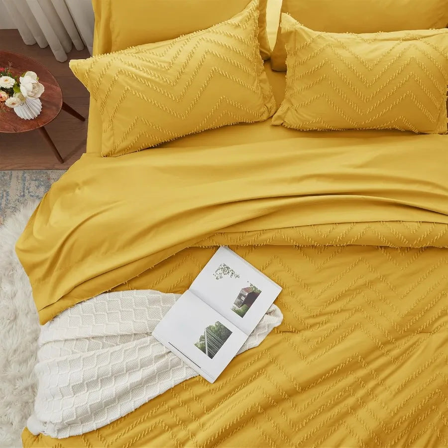 Queen Comforter Set Mustard Yellow Tufted Bed in a Bag 7 Pieces with Sheets All Season Bedding Sets 1 Comforter 2 PillowShams P