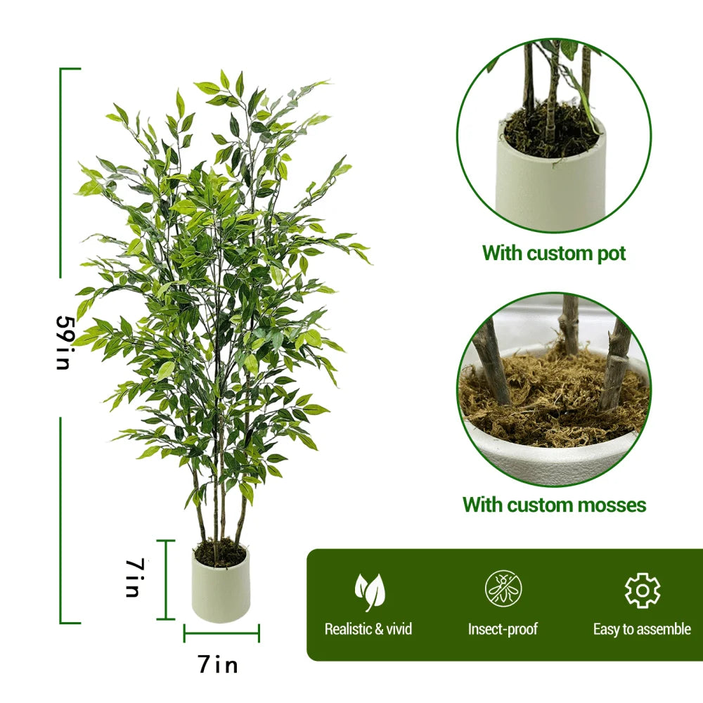 4/5/6Ft Artificial Ficus Tree, Silk Fake Ficus Leaves Plant With White Imitation Ceramic Planter, Indoor Outdoor Potted Faux Tre