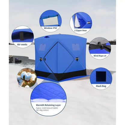 Portable Insulated Ice Fishing Tent, Hub-Style Shelter, Windproof & Warm, 3-4 Person, Blue, 6x6x6.6ft