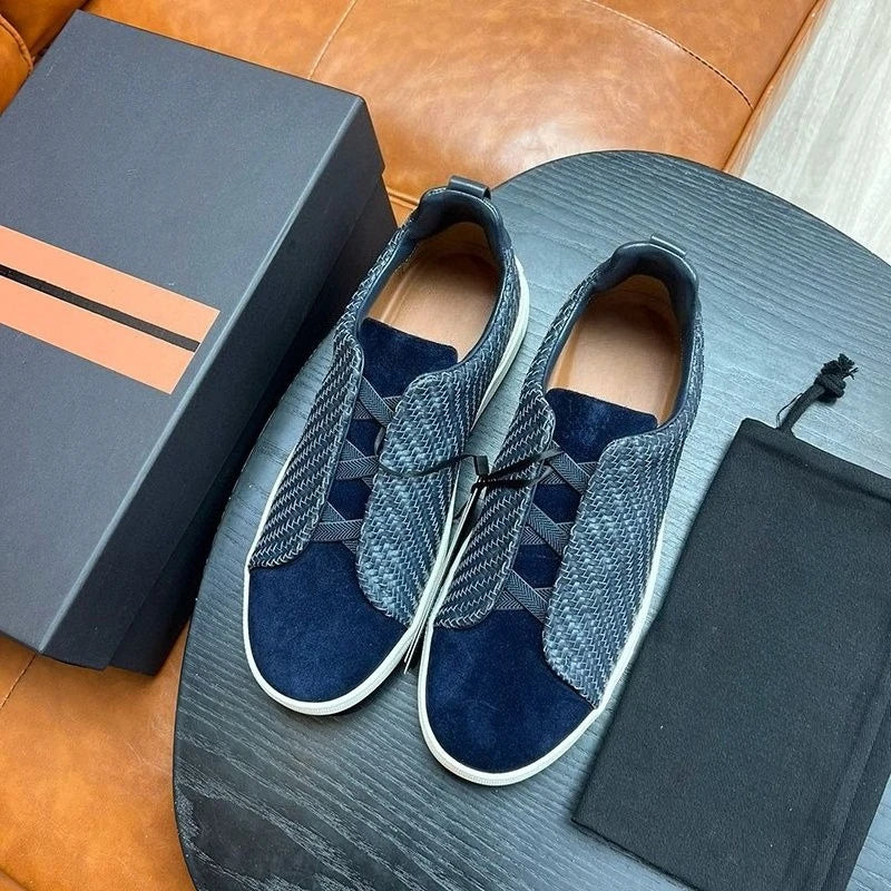 Low profile luxury men's casual loafers, casual sports shoes, elastic knitted leather driving shoes, lightweight and breathable