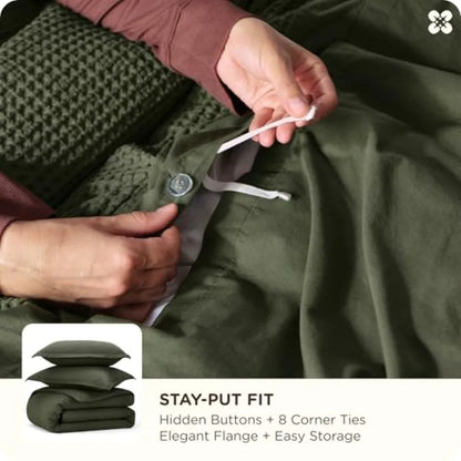 Olive Green 100 Cotton Waffle Weave Duvet Cover Set for All Season Oversized King Size GentleSoft and Breathable Bedding 3 Piec