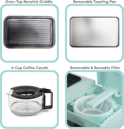 Americana 2-Slice Griddle with Glass Lid, 3-in-1 Breakfast Station, 4-Cup Coffeemaker, Toaster Oven, Blue