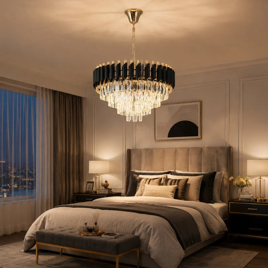 Modern Gold Black Luxury Crystal LED Pendant Ceiling Light Fixture for Living Room Hotel Hall Decor Elegant Chandeliers Hanging