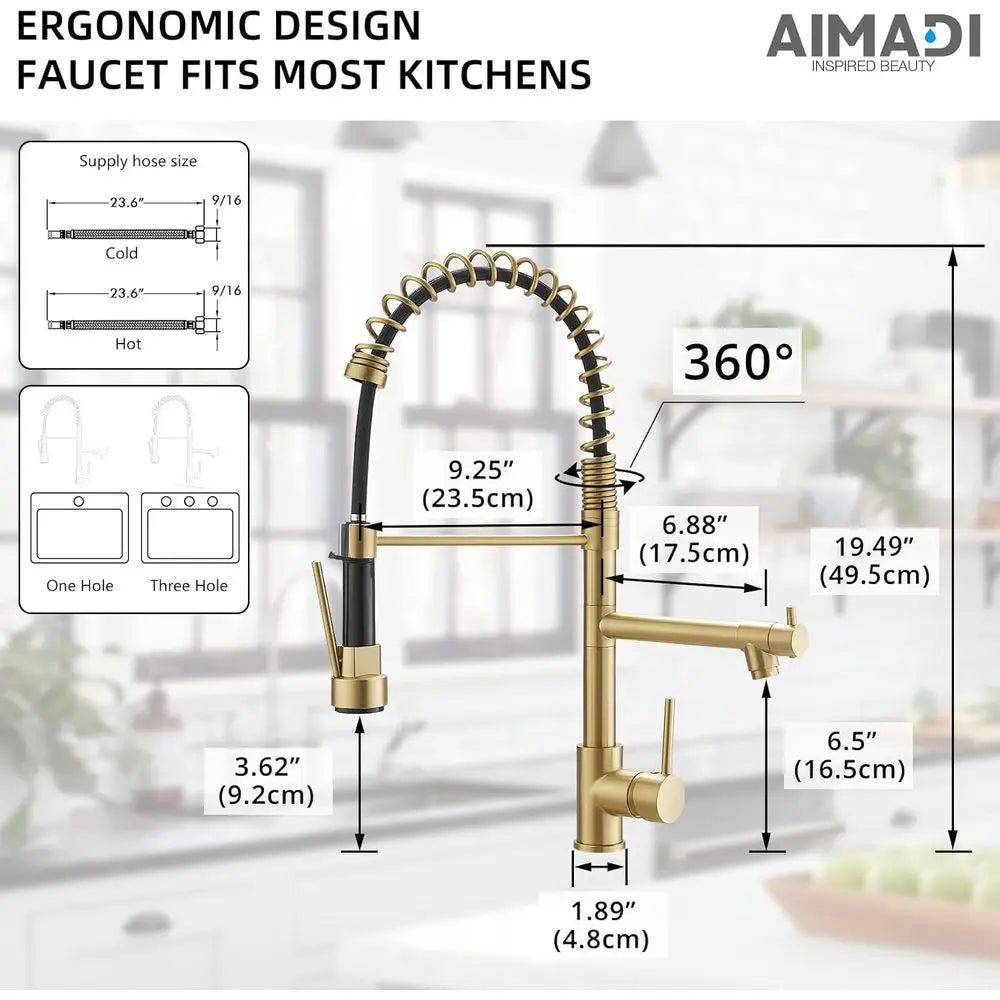Brushed Gold Kitchen Faucet with Pull Down Sprayer, Commercial Gold Kitchen Sink Faucet Single Handle Spring Two Nozzles Faucets