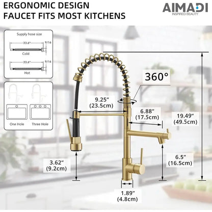 Brushed Gold Kitchen Faucet with Pull Down Sprayer, Commercial Gold Kitchen Sink Faucet Single Handle Spring Two Nozzles Faucets