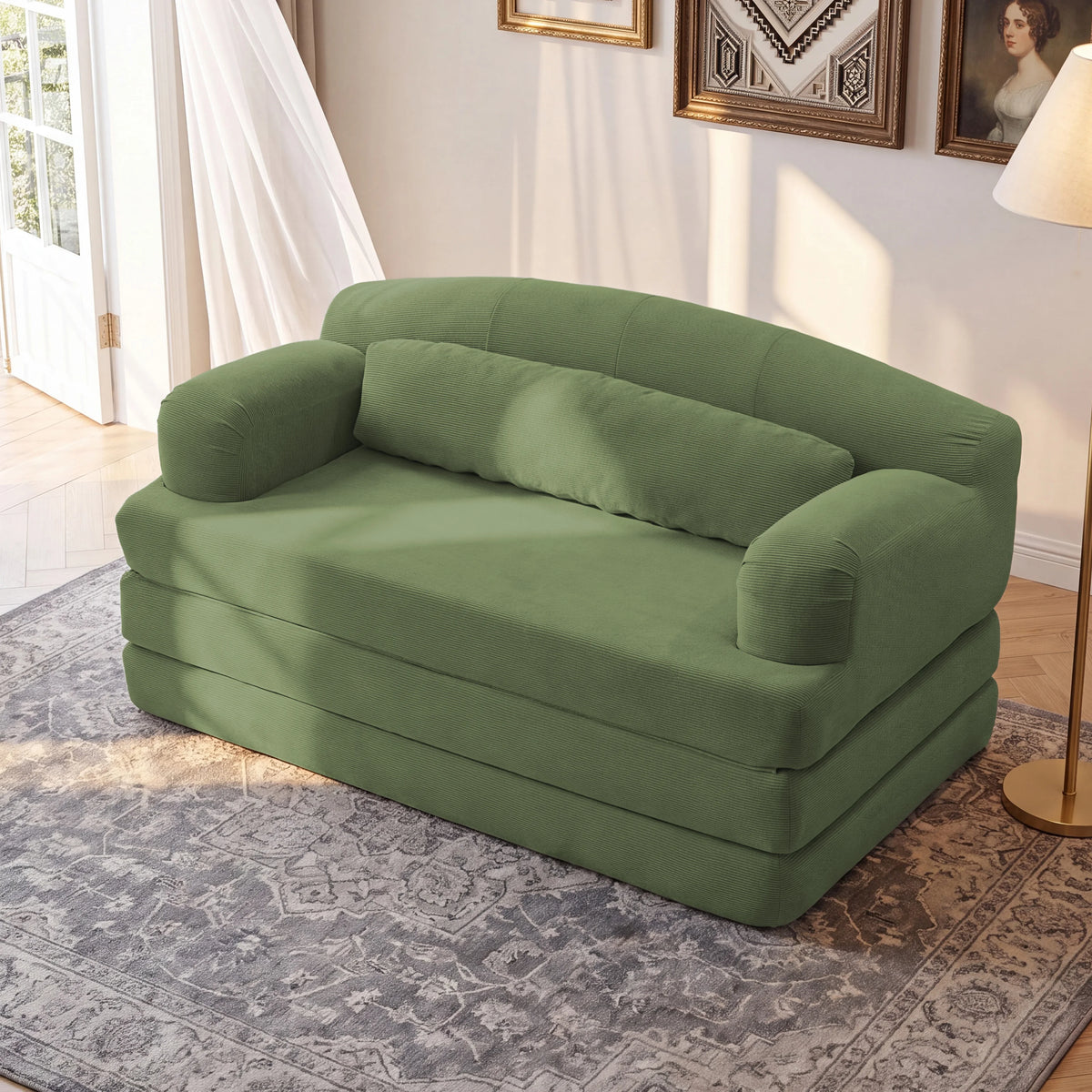 Foldable Corduroy Sofa Bed, Convertible 2-in-1 Stackable Floor Sofa with Removable Cover, High Density Foam Couch for Small Apartment Guest Room