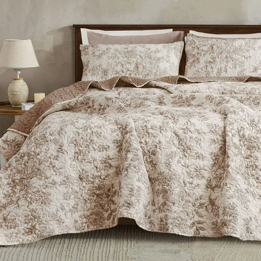 Floral Cotton Quilt King Size Stitch Bedding Set, Taupe Lightweight Comforter Cabin Blanket Farmhouse Bedspread with Pillow Sham