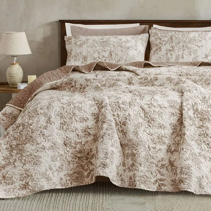 Floral Cotton Quilt King Size Stitch Bedding Set, Taupe Lightweight Comforter Cabin Blanket Farmhouse Bedspread with Pillow Sham