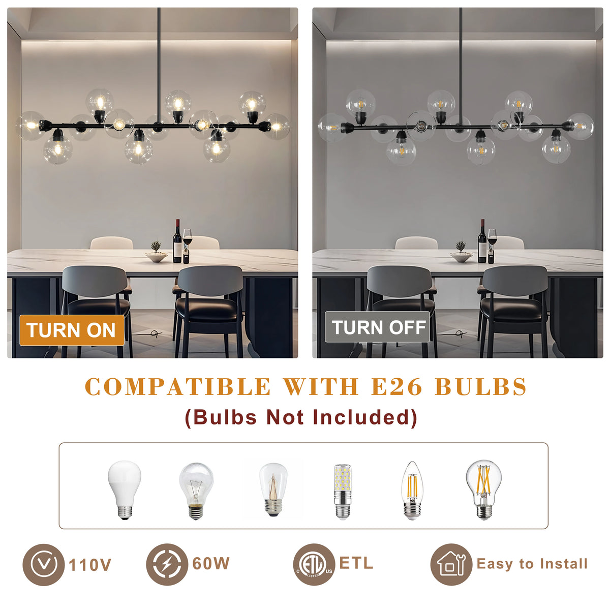 Modern Linear Chandelier Dimmable Glass Bubble Pendant Light Kitchen Living Dining Room Black Home Decor Hanging Lamp