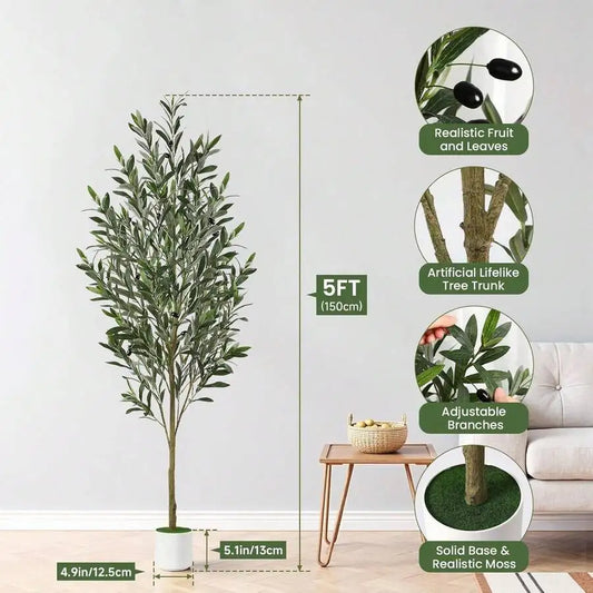 Artificial Olive Tree - 5-7FT(60n-84in) Tall Faux Silk Plant With Natural Wood Trunk & Lifelike Fruits - Perfect For Modern Home