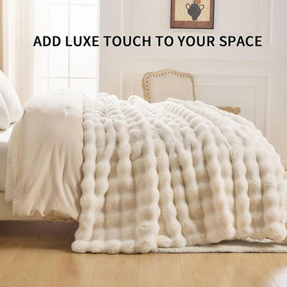 Faux Fur Throw Blanket for Bed-Warm Fuzzy Throw Blanket, Soft Plush Thick Bubble Blankets for Bedroom and Living Room, Furry Lux
