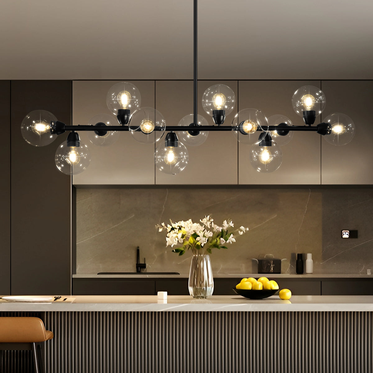 Modern Linear Chandelier Dimmable Glass Bubble Pendant Light Kitchen Living Dining Room Black Home Decor Hanging Lamp