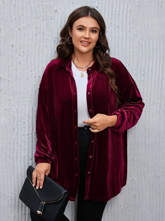 Plus Size Velvet Button Down Shirt for Women, Loose Fit Long Sleeve Casual Blouse, Burgundy Fall Winter Top