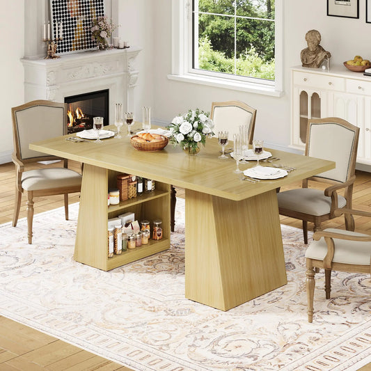 71 Inch Rectangular Dining Table For 4-8, Wooden Kitchen Dinner Table With Hidden Storage Shelf For Dining Room Home Office