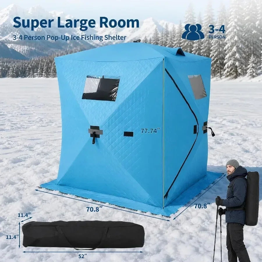 Ice Fishing Tent for 2-3 Person, 210D Insulated Pop-Up Shelter with LED Light Strip