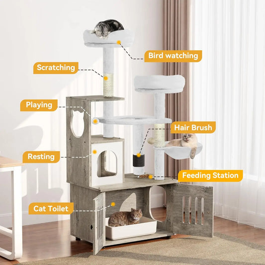 2-in-1 Cat Tree with Hidden Litter Box, Modern Cat Condo Tower with Wood House, Perch, Food Station, Hammocks, Scratch Post