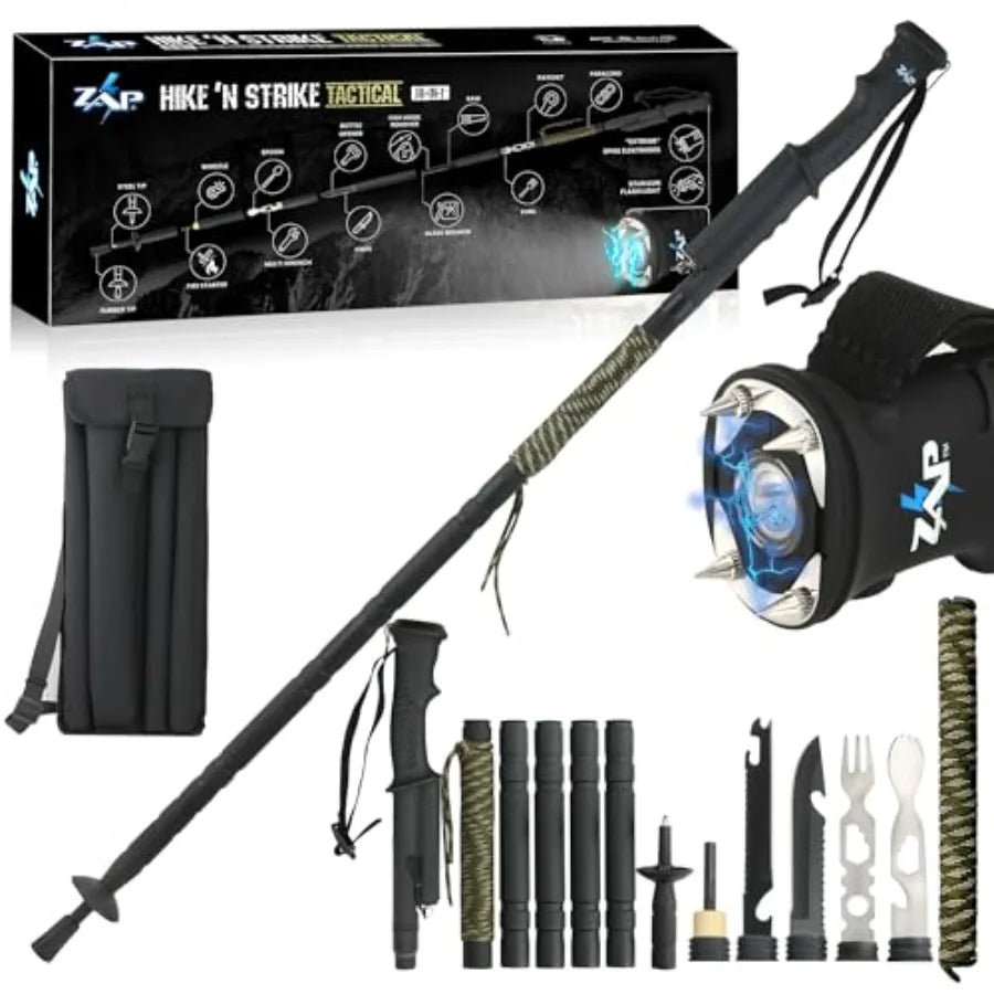 Tactical Walking Stick with Detachable Stun Device Flashlight Survival Kit Lightweight 1.9 lbs Collapsible 5-Tubes Trail-Tough