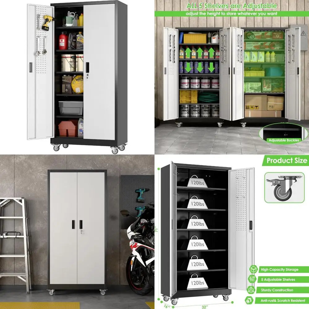 Adjustable Shelves Metal Garage Storage Cabinet with Wheels, 71 Tall, Lockable Doors, and Pegboard for Garage Organization