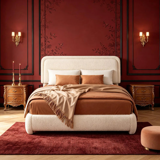 Cream White Or Beige Boucle Upholstered Platform Bed Frame Queen King Size, French Vintage Curved Padded Headboard Low Profile Bed, Sturdy Wood Slat Support Easy Assembly, No Box Spring Needed, Teddy Fabric Bedroom Furniture