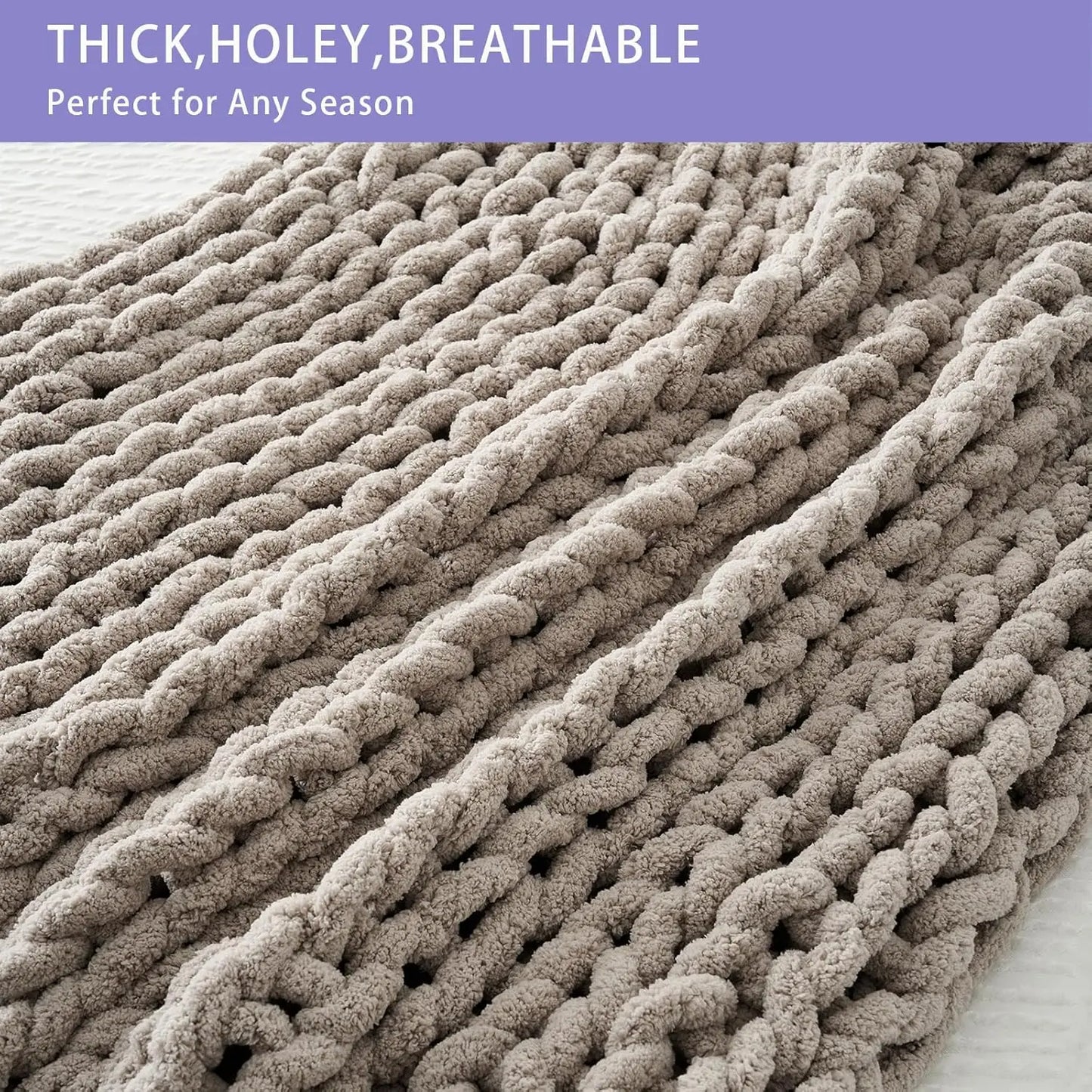 Chunky Knit Throw Blanket, 60x80 Inches, Hand-Knitted with Thick Chenille Yarn, Cozy Soft for Couch and Bed in Taupe