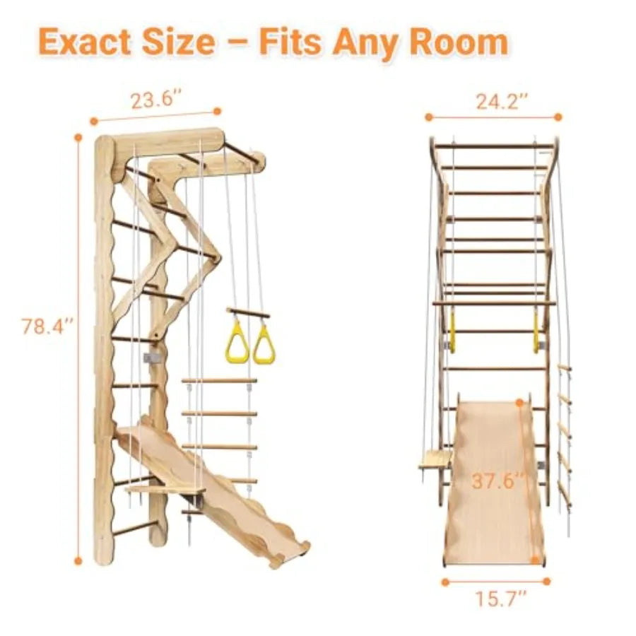 5in1 Wooden Indoor Jungle Gym for WallMounted Swedish Ladder with PullUp Bar Rings Swing and Slide MontessoriInspired Playset f