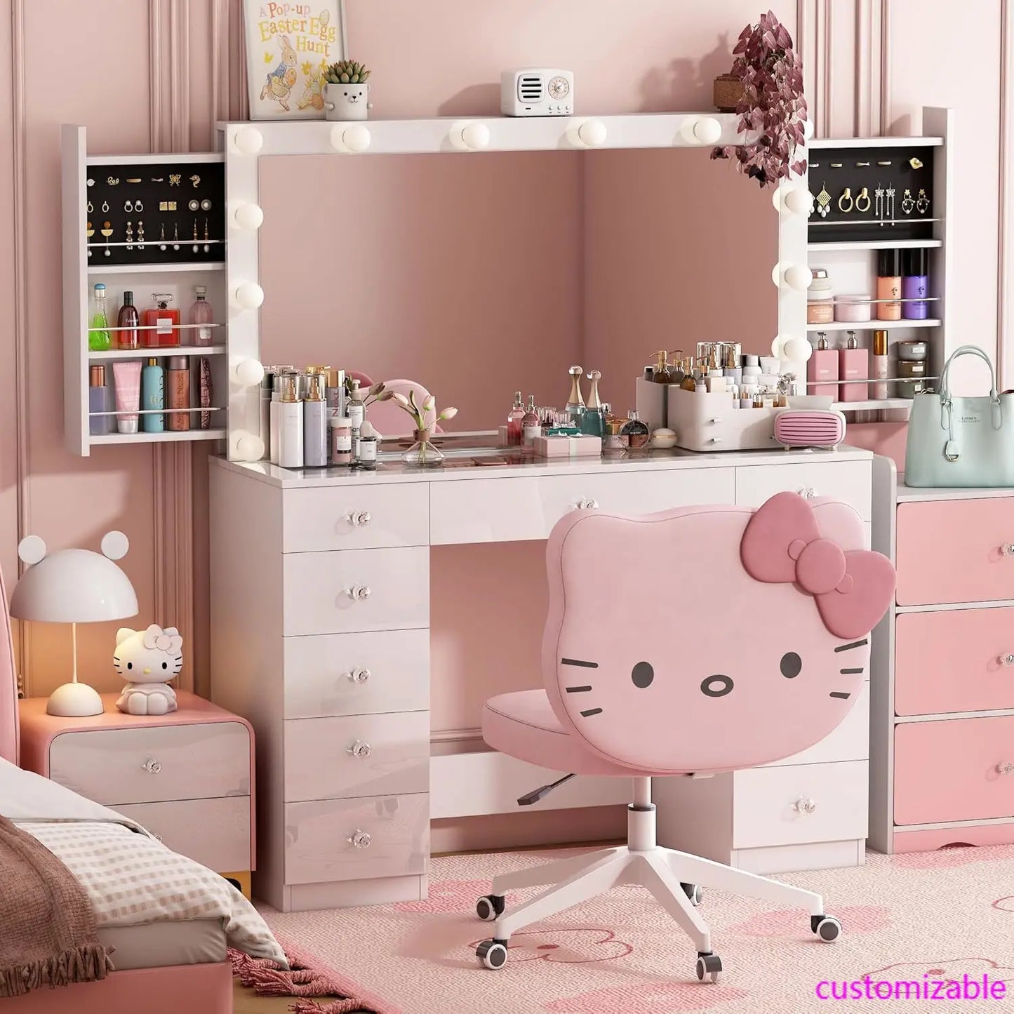 Vanity Desk with Power Outlet, Makeup Vanity with Mirror and 14 LED Light, 3 Lighting Modes,11 Drawer Vanity Table , White