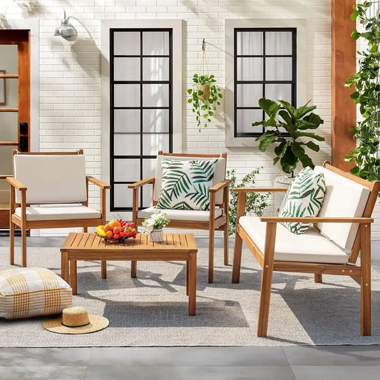 4 Piece Outdoor Acacia Wood Patio Conversation Sofa Set with Table & Cushions for Deck, Balcony, Backyard