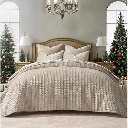 Luxury Velvet Quilt Set King Size 3 Piece, Soft CrossStitch Velvet Comforter Set with Pillow Shams, Lightweight Coverlet Bedspre