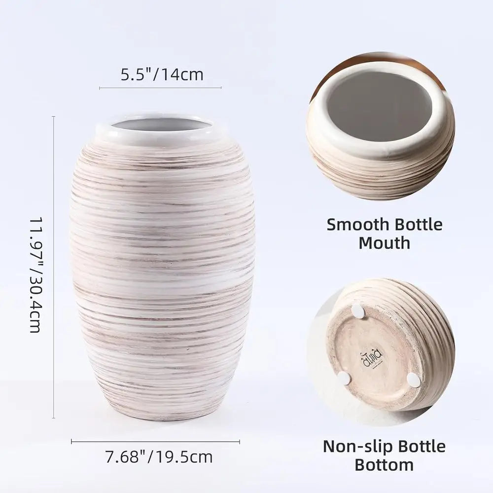 12 White Boho Style Wide Mouth Vase for Home Decor, Pampas Grass Centerpiece, Rustic Decor Vase for Living Spaces