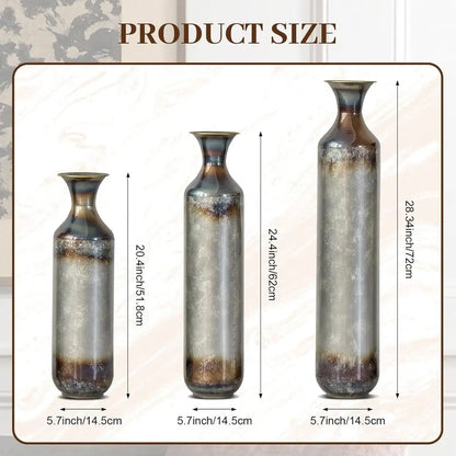 Floor Vases Decorative Tall Set of 3, Rustic Burnt Finish Metal Floor Vases for Decor Living Room, Fireplace Corner Hallway, Bed