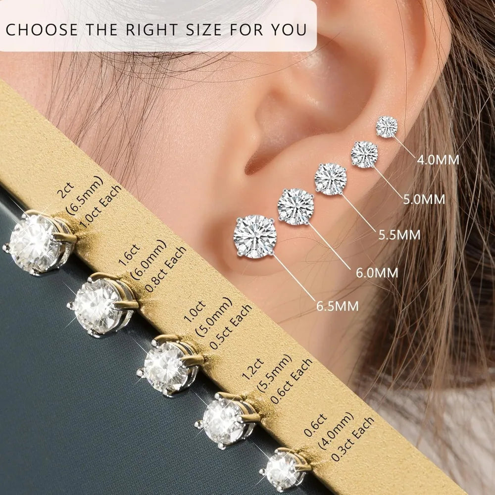 Lab Created Moissanite Earrings, 0.6 to 2 Carats, Brilliant Round Cut, 18K White Gold Plated Sterling Silver, Stud Design