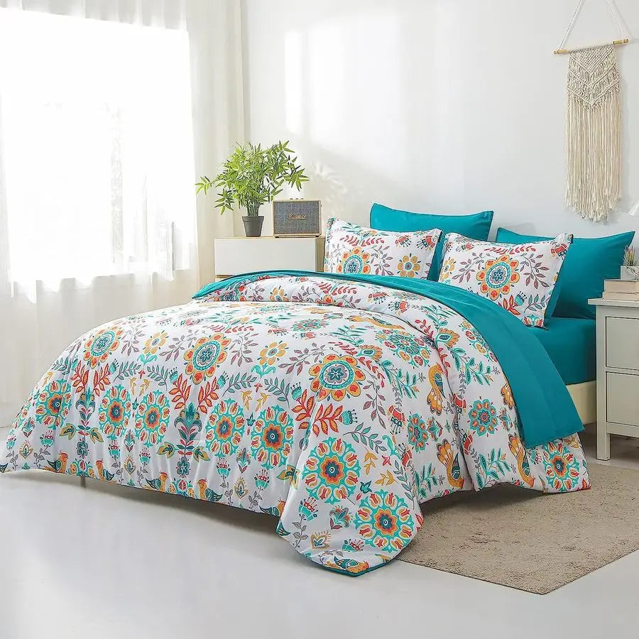 Boho Comforter Set Twin 5 Pieces Bed in a Bag Floral Medallions Design, Bohemian Comforter Set with Sheets, Soft Microfiber Comp