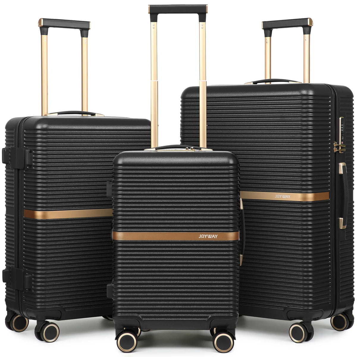 3-Piece Black Luggage Set, Sturdy Durable Travel Suitcase with Cup Holder, TSA Lock and Spinner Wheels