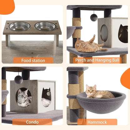 "two-tier cat tree with dual litter box huts, comprehensive cat tower, feline condo featuring sisal scratching posts, hanging be