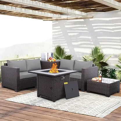 Patio Furniture Set, 5-Piece Outdoor Wicker Sectional Sofa with Loveseat, Brown Rattan, Conversation Area, Storage Included