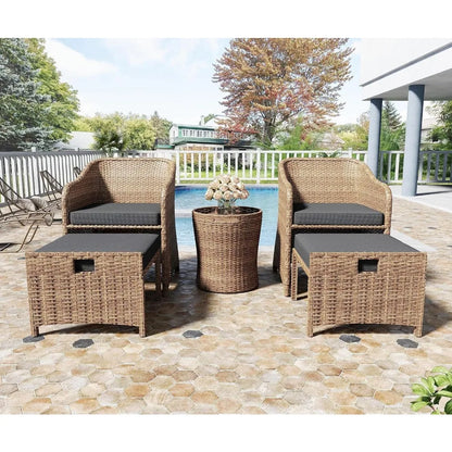 Outdoor Patio Wicker 5-Piece Furniture Set, No Assembly Required All-Weather Rattan Conversation Bistro & Storage Table for Gard