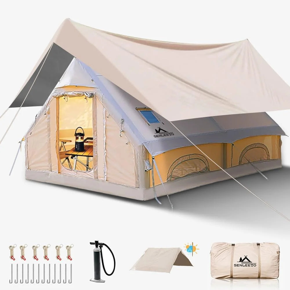 SENLEETO Inflatable Tent 129 Sq.Ft 420D Oxford Fabric Family Camping Air Tent with Rainfly Stove Jack AC Port and Manual Pump